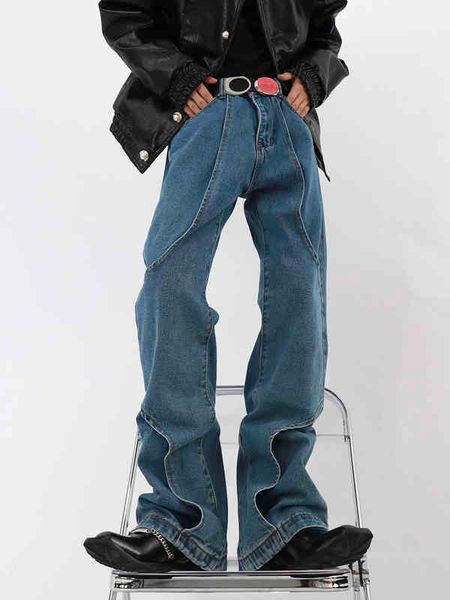 

2022 vintage men's loose fit blue baggy jeans stylish male patchwork straight denim pants pantnes hombre t220726