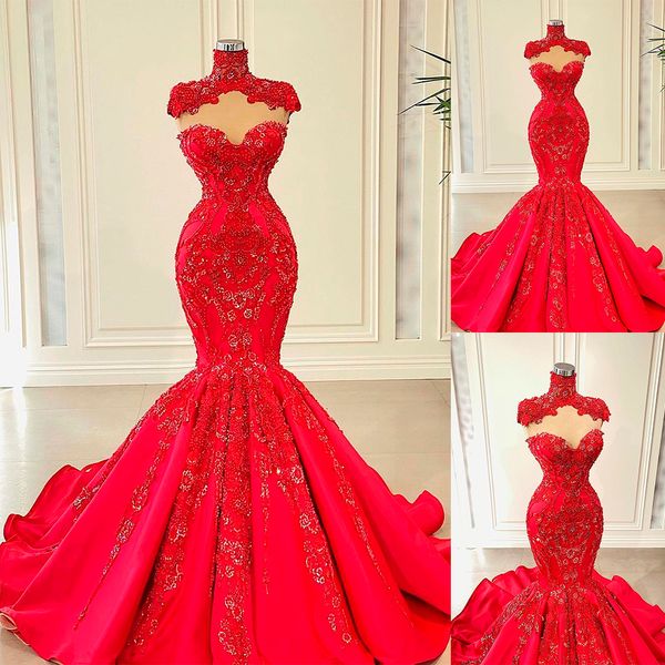 Vestido vermelho do casamento da sereia do gluarmers com gola alta mangas applique a ocasião formal feita de Mariée