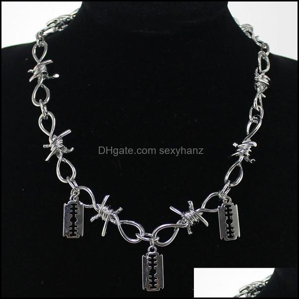 

chains necklaces pendants jewelry barbed wire necklace hip hop thorns choker bracelet punk rock stainless steel set women men dme, Silver