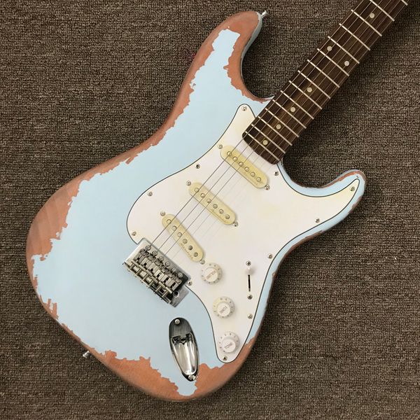 Relic St Elektro Gitar, Gülağacı Klavye, Krom Donanım, 3 Pikap, Tremolo Köprüsü, Açık Mavi Renk, Katı Maun Gitar