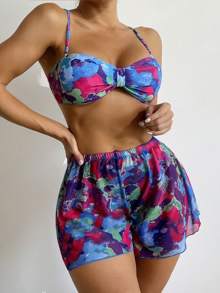 

allover print bikini swimsuit with beach shorts u3ld#, White;black