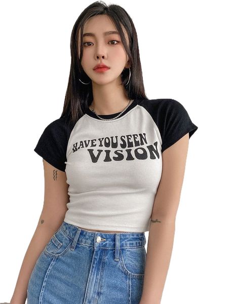 

dazy colorblock slogan graphic crop tee 21up#, White