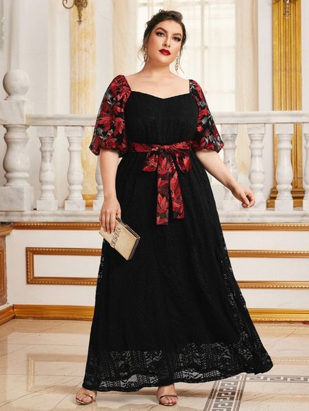 

plus floral embroidered mesh lantern sleeve belted lace dress s7su#, Black