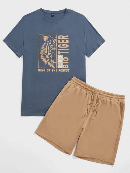 

men slogan & tiger print tee & drawstring waist shorts set t4in#, Gray