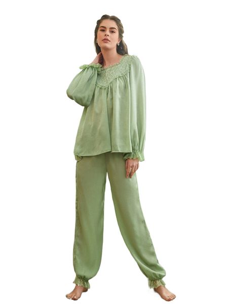

lace yoke solid pajama set j4oc#, Black;red