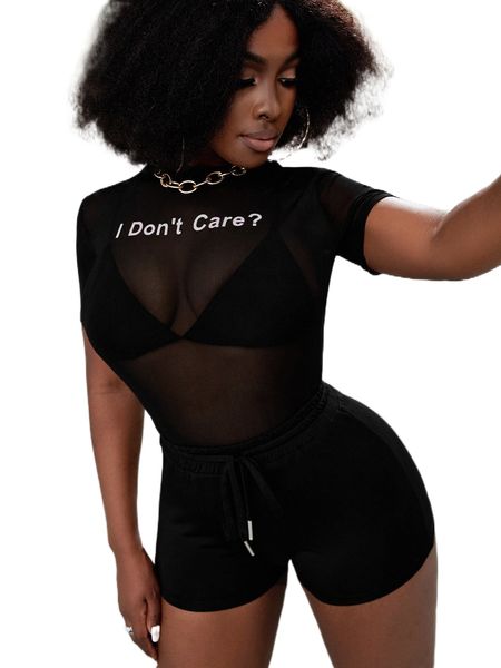 

sxy slogan graphic mesh & drawstring waist shorts without bra n0ap#, White