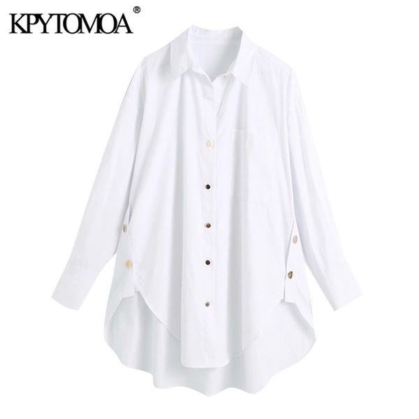 Kpytomoa Женская мода с боковыми пуговицами свободные асимметричные блузки винтажные карманы с длинным рукавом женские рубашки шикарные топы 210401