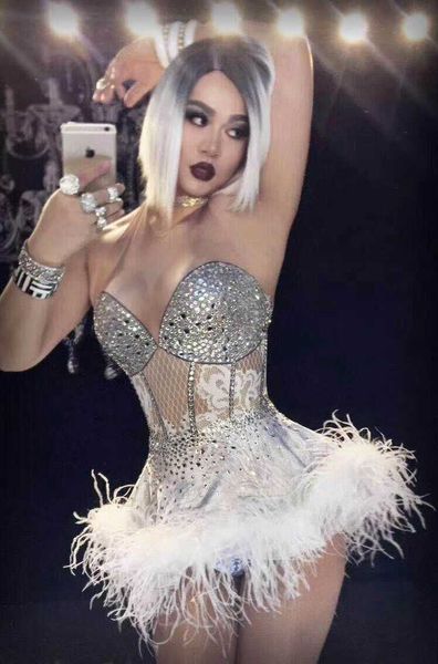 

white feather short dress birthday celebrate party outfit singer dance costume sparkly dancer stage show clothes, Black;pink
