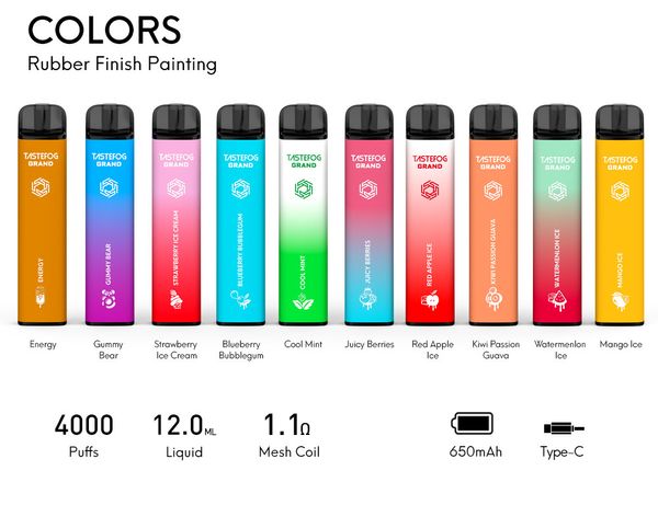 JC Tastefog GRAND Einweg-Pod-Vape-Kit, wiederaufladbarer 650-mAh-Akku, 4000 Züge, 12-ml-Kartuschen, vorgefüllter tragbarer E-Zigaretten-Verdampfer