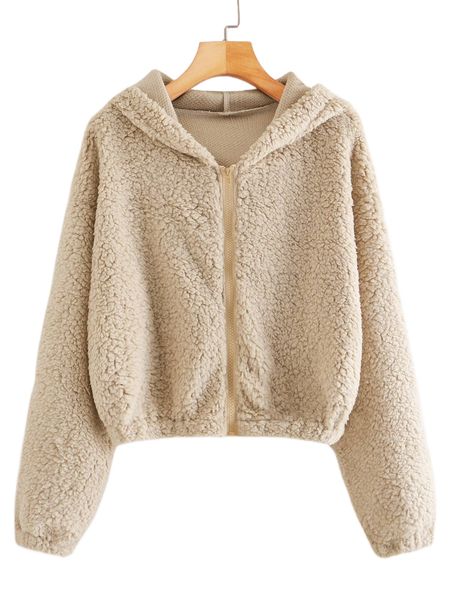 

solid zip-up hooded teddy jacket n6z7#, Black;brown