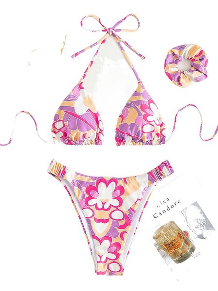 

3pack floral print halter triangle bikini swimsuit & hairband v56a#, White;black