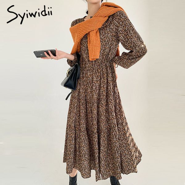 

chiffon dresses women clothing aline floral midcalf empire casual winter oneck party long sleeve plus size 210415, Black;gray