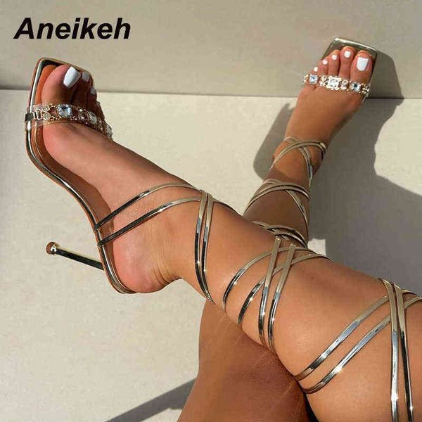 

sandals aneikeh fashion trend summer women shoes crystal metal decoratio patchwork pvc ankle strap new high heels35-41 220331, Black