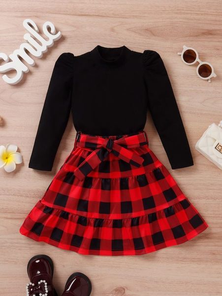 

toddler girls puff sleeve tee & alo plaid print belted skirt she, White