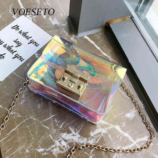 

transparent bags women's 2022 new korean version all-match summer colorful chain laser bag shoulder messenger small square bags g220420