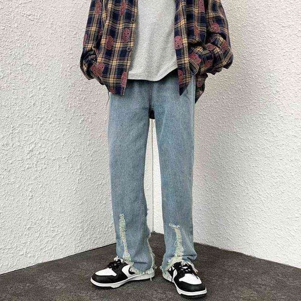 

street 2022 high hole ripped retro washed men baggy jeans trousers hip hop straight male casual denim pants pantnes hombre t220803, Blue