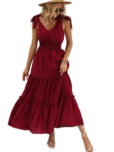 

tie shoulder shirred frill trim a-line dress v1lm#, Black;gray