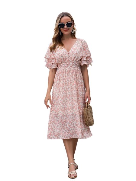

ditsy floral layered sleeve shirred waist tie back plisse dress i9fk#, Black;gray