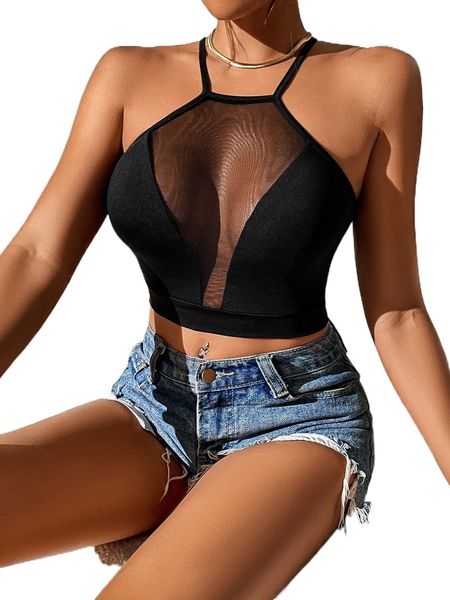 

petite mesh insert crisscross back crop cami m2ws#, White