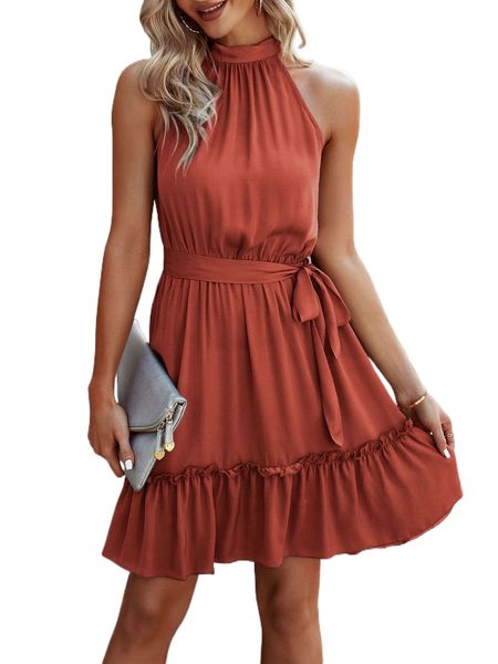 

frill trim ruffle hem tie back belted halter dress 50y8#, Black;gray