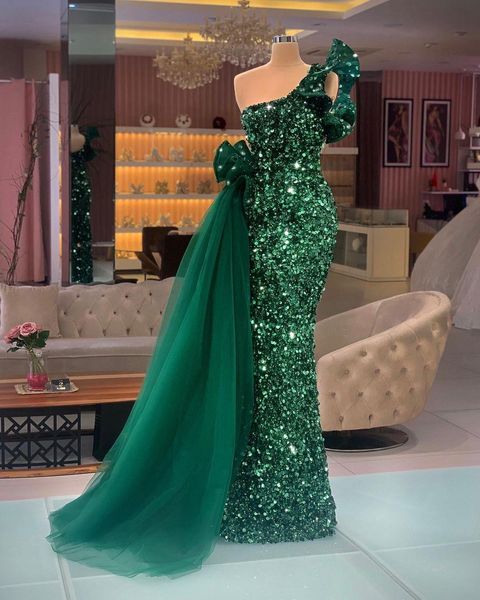 Vestidos de noite de sereia verde escuro Sparkling One ombro Luxo luminário de veludo comprimento de baile vestido de baile vestido de concurso personalizado feito bc14040