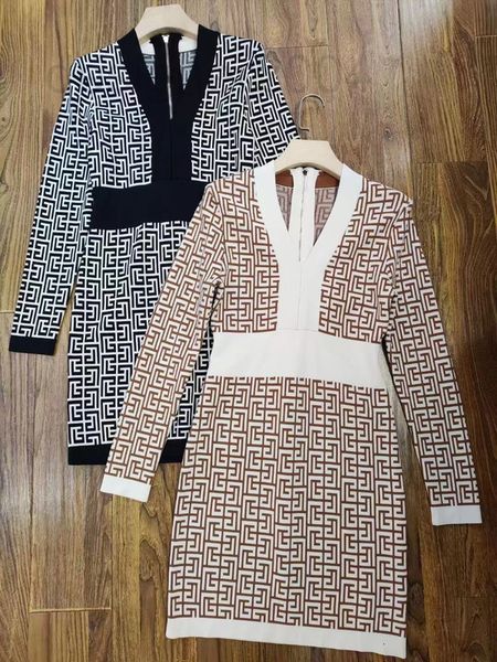 

casual dresses designer 20ss balman knitted slim fitting v-neck zipper ice silk sweater plaid hip wrap dress q8j0, Black;gray
