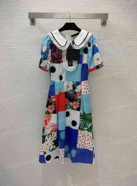 

womens designer dresses fashion contrast color plaid polka dot flower print short sleeve dress women clothing 0912, Black;gray