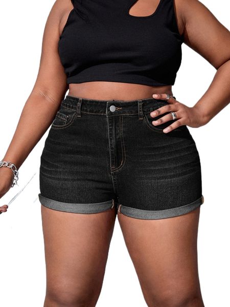 

premium plus slant pockets roll up hem denim shorts 55kq#, White;black