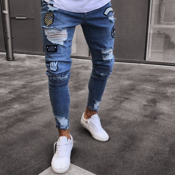 

mens ripped jeans distressed destroyed slim fit straight leg denim pant with holes skinny jeans, Blue