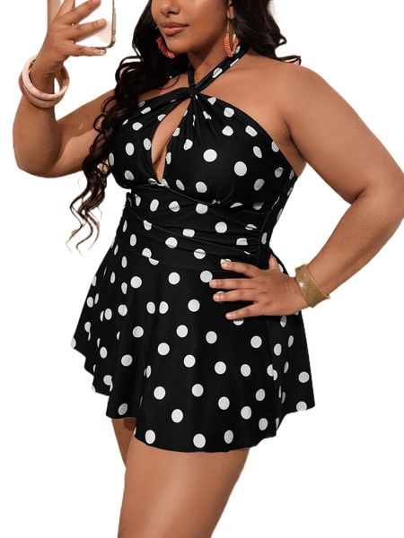 

plus polka dot print swim dress with bikini bottom c2ef#, White;black