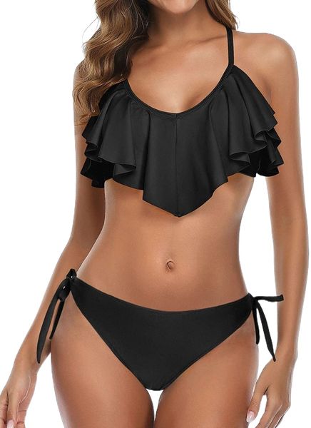 

me two piece flounce bikini side tie bottom padded ruffled swimsuit for women cross back bathing suit b90v#, White;black