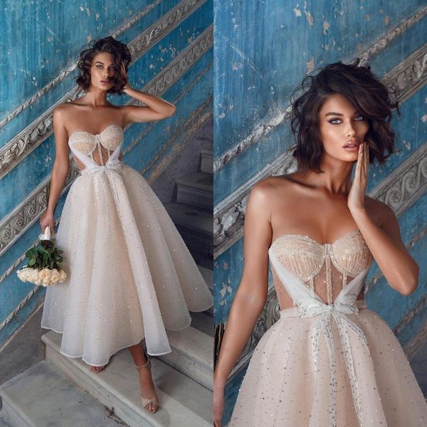 

eleagnt 2022 sweetheart champagne tea length wedding guest dresses party dresses a line sleeveless lace plus size backless formal gowns bc10, White