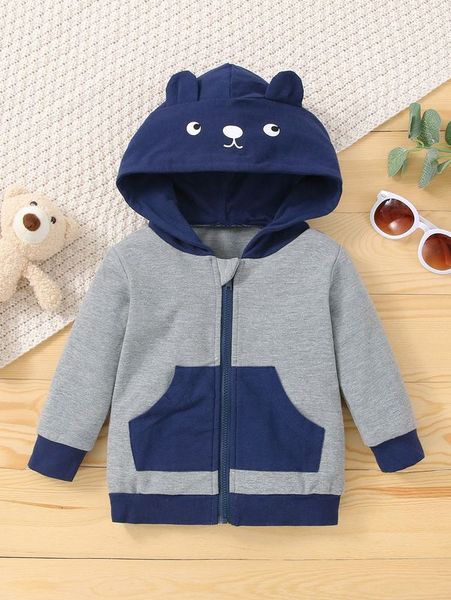 

baby colorblock cartoon embroidery 3d ear design zipper hoodie she, Black