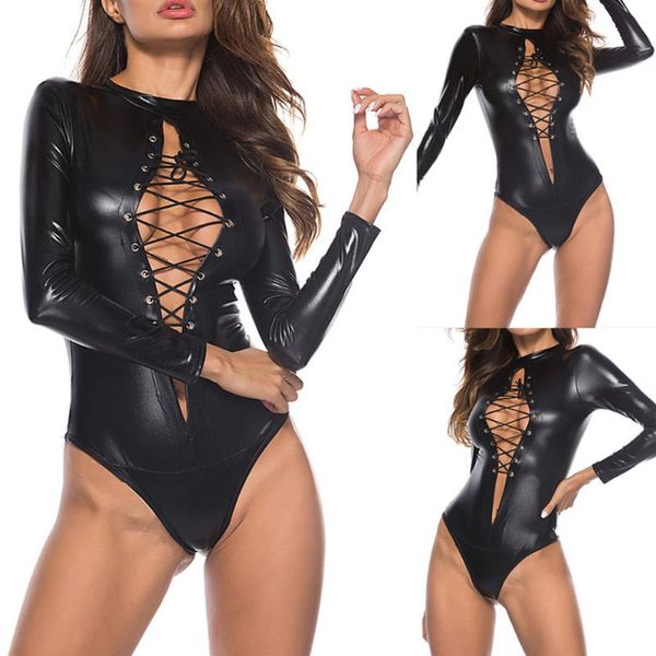 Vrouwen Tweedelige Broek S-5XL Plus Size Vrouwen Lederen Bodysuit Lange Mouwen Lace-up Club Jumpsuit PU Romper Teddy Latex Catsuit Catwomen