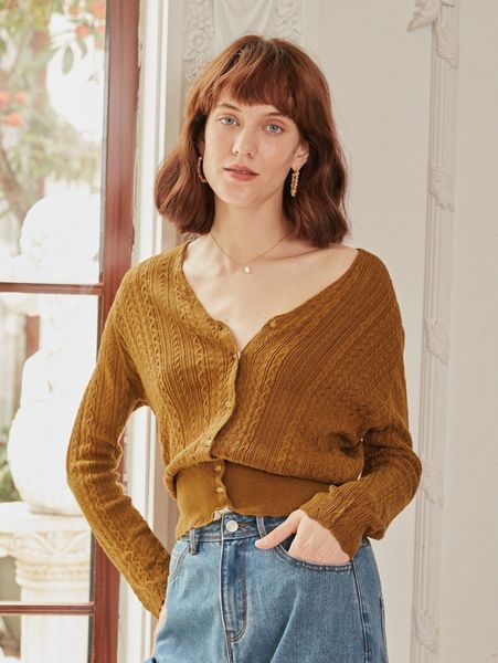 

simple retro solid cable knit cardigan q3lz#, White;black