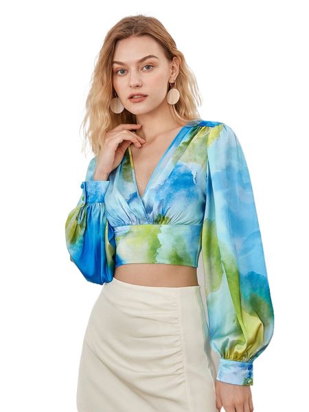 

tie dye ruched crop blouse z0xo#, White