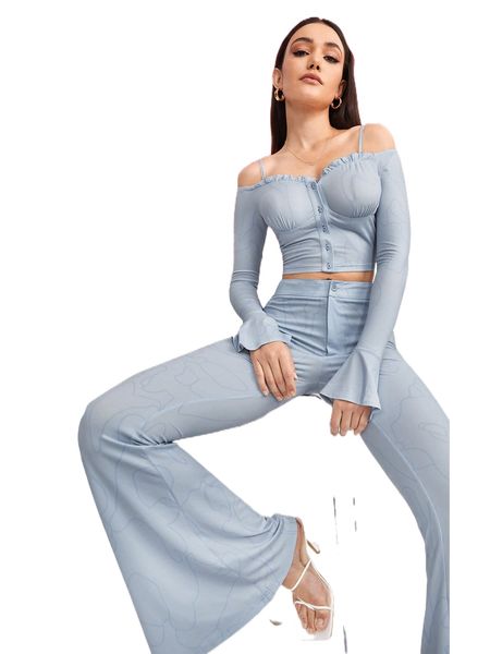 

x sm88 cold shoulder flounce sleeve crop & flare leg pants l7v1#, White