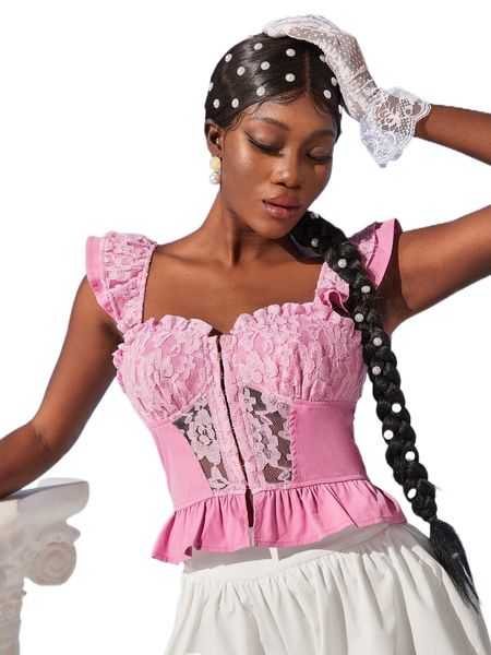 

lace panel ruffle trim bustier v3ps#, White