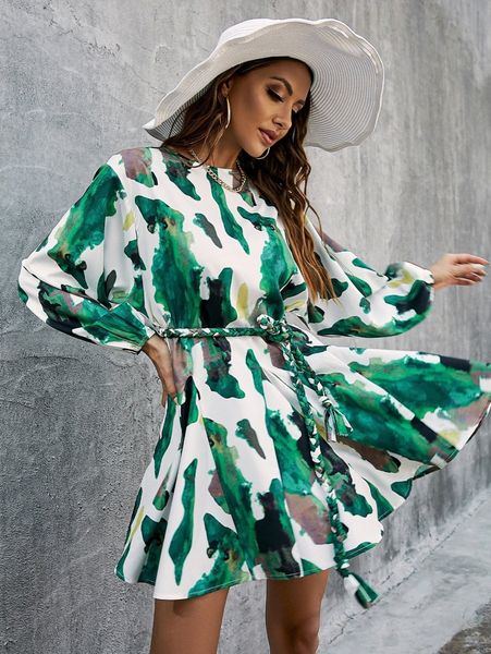 

glamaker graphic print lantern sleeve dress with belt j3w9#, Black;gray