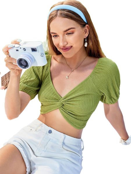 

puff sleeve twist front crop tee c8oa#, White