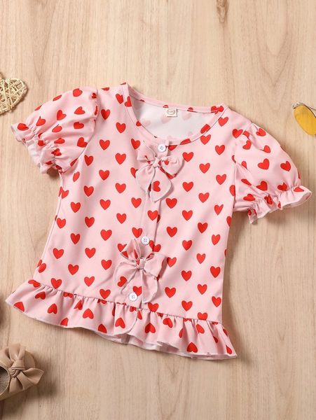 

toddler girls heart print flounce sleeve bow front peplum blouse she, White;black