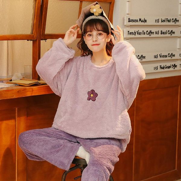 

inter thick warm women flannel pajamas set floral sleepwear long sleeve round neck female coral cashmere homewear, Black;red