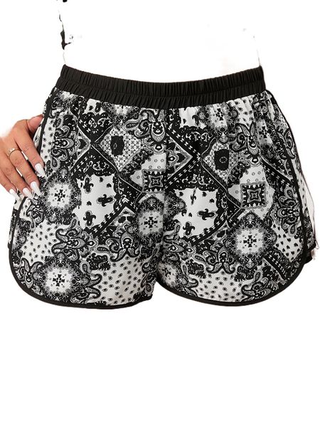 

plus scarf print contrast binding shorts 0795#, Black