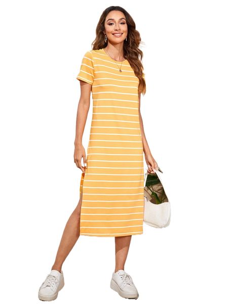 

striped split hem tee dress q00s#, Black;gray