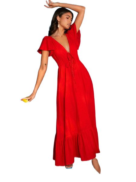 

plunge neck flutter sleeve tie front ruffle hem dress y7bs#, Black;gray