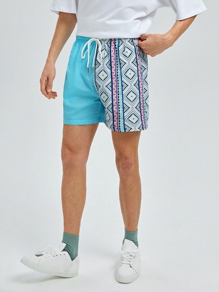 

men striped & geo print drawstring waist shorts 742e#, White;black