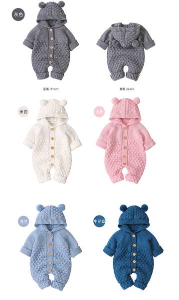 

baby girls bear ear knit romper boys hooded born sweater kids jumpsuit babys outfit autumn winter 220525, Blue