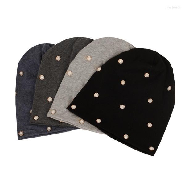 Gorro/crânio tampas geebro mulheres pérolas algodão algodão casual hat hat spring outono malha desleixado para damas folggy ao ar livre chapéus gorras Davi22