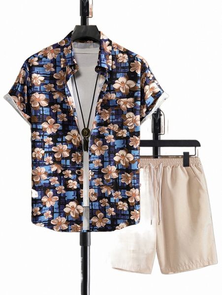 

men floral print shirt & shorts without tee x1qi#, Gray
