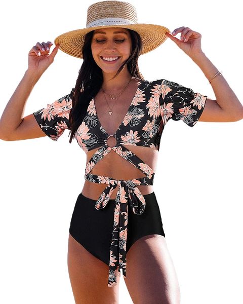 

women high waisted bikini set push up tie knot two pieces swimsuits floral bandage tankini u4cd#, White;black